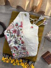 Golden Handloom Cotton Saree With Embrodery Work Redy Made Blouse